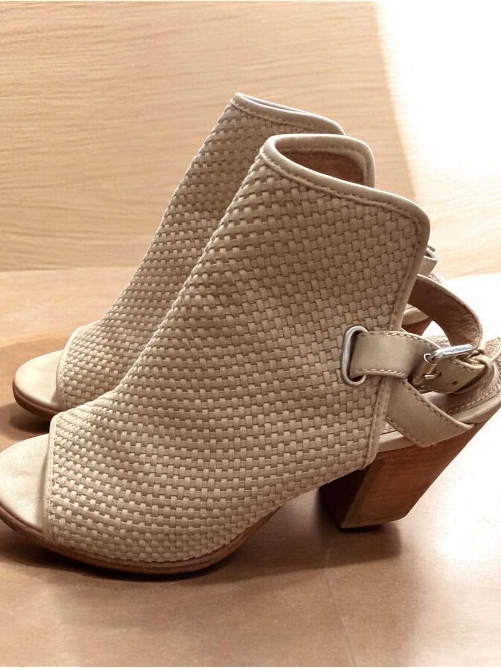 Frye Woven Peep-Toe Slingback Block Heels in Beige